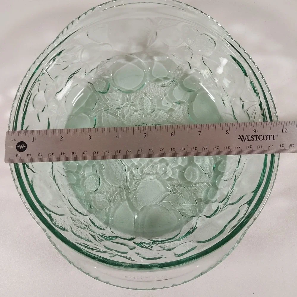Vintage Libbey Orchard Fruit Round Casserole Dish‎ Clear Green Glass Oven Proof